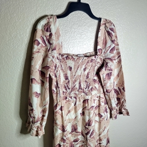 House of Harlow 1960 Palm Leaf Smocked Linen Blend Midi Dress sz L - Picture 3 of 10